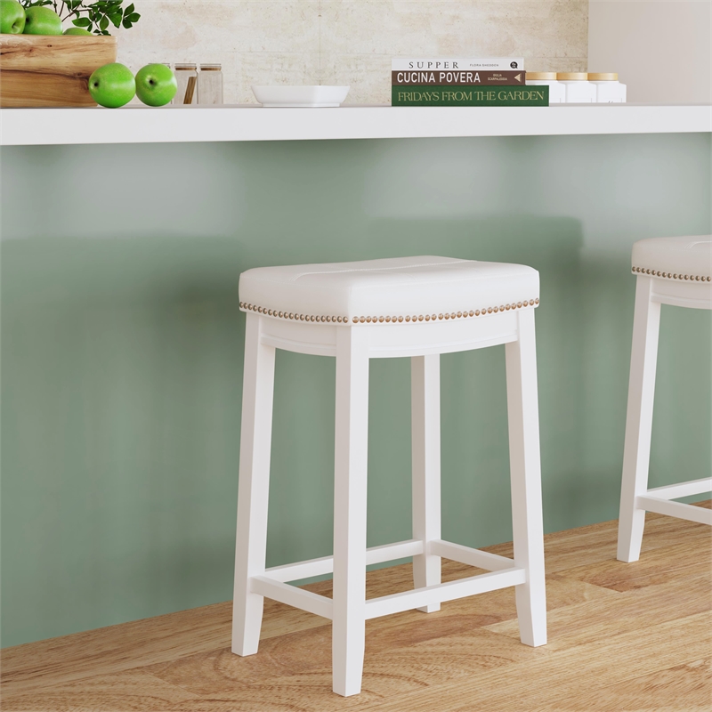 Linon Claridge Backless Counter Stool White Faux Leather Wood Frame in White