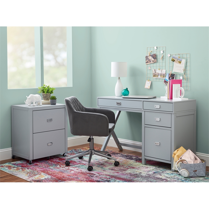 Linon Peggy Side Storage Wood Desk with 4 Drawers Silver Hardware in Gray