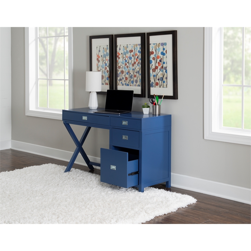 Linon Peggy Side Storage Wood Desk with 4 Drawers Silver Hardware in Navy Blue