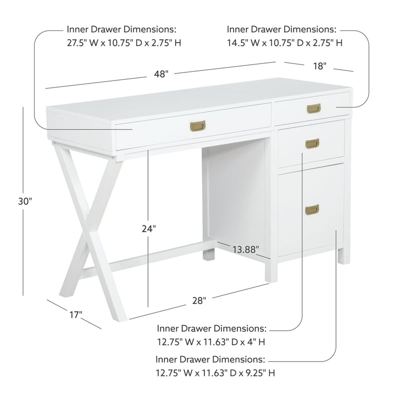 Linon Peggy Side Storage Wood Desk with 4 Drawers Rose Gold Hardware in White