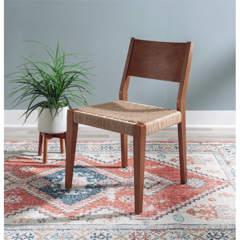Linon Patty Set of 2 Dining Chairs Woven Seat Tapered Leg in Brown Finished Wood