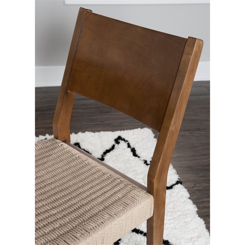 Linon Patty Set of 2 Dining Chairs Woven Seat Tapered Leg in Brown Finished Wood