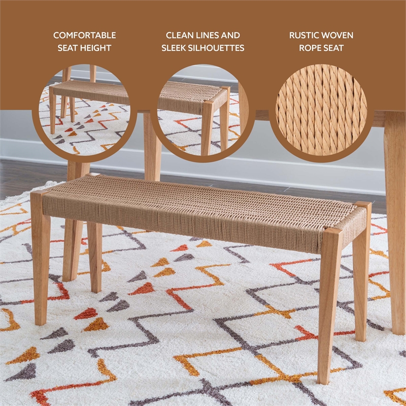 Linon Patty Rubberwood Bench Handwoven Rope Seat 18