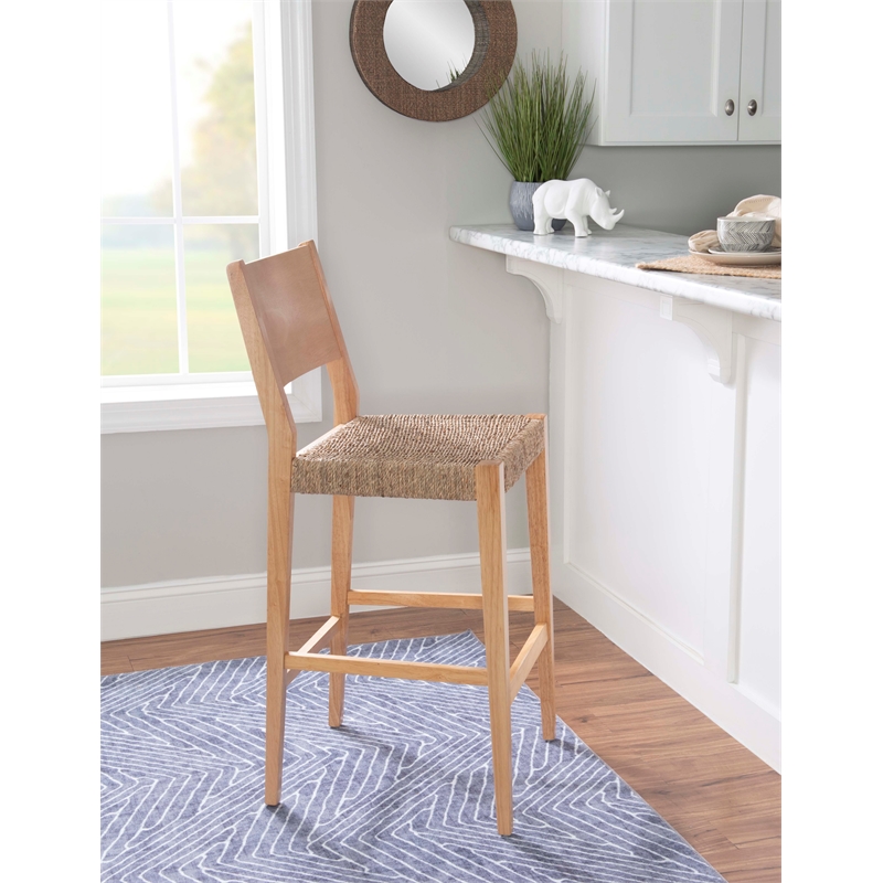 Linon Patty Rubberwood Barstools Handwoven Rope Seat Set of 2 in Natural Brown