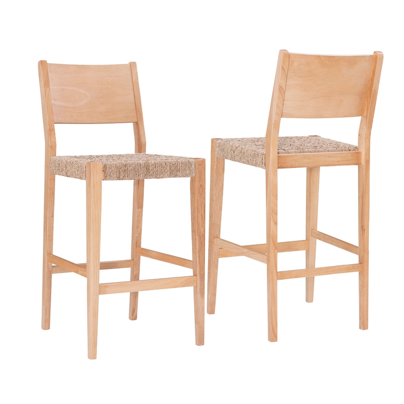 Linon Patty Rubberwood Barstools Handwoven Rope Seat Set of 2 in Natural Brown