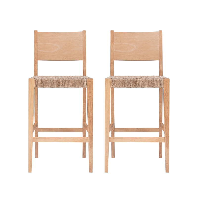 Linon Patty Rubberwood Barstools Handwoven Rope Seat Set of 2 in Natural Brown
