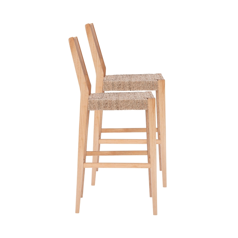 Linon Patty Rubberwood Barstools Handwoven Rope Seat Set of 2 in Natural Brown
