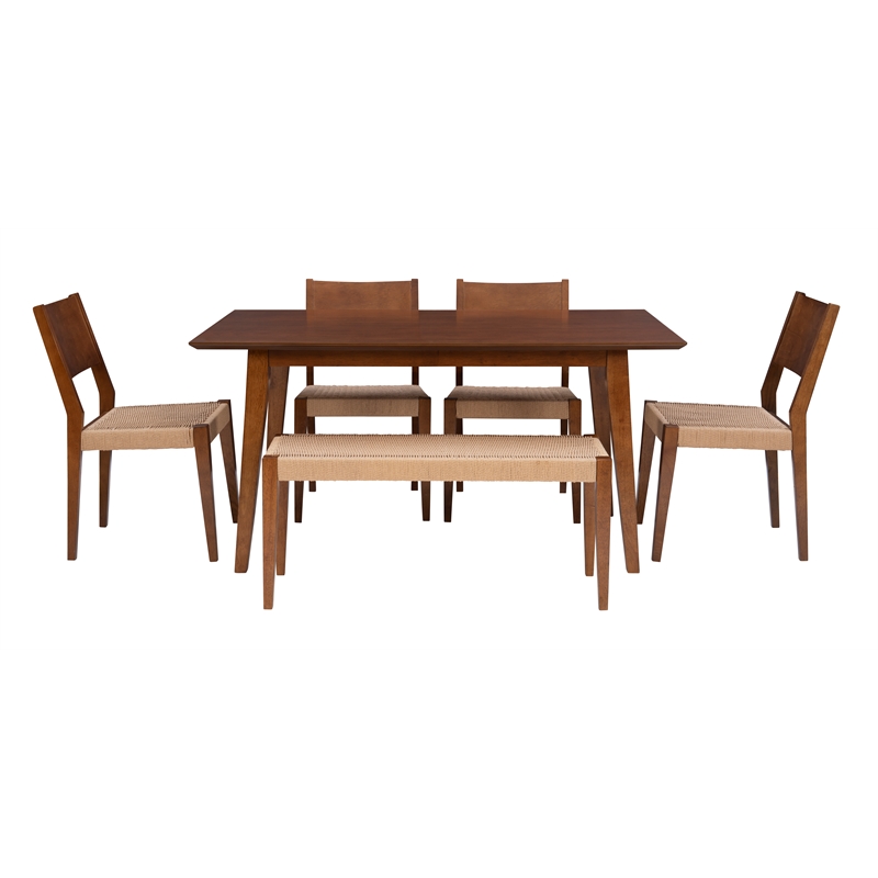 Linon Patty 6 Pce Wood Dining Set 4 Chairs and Bench with Woven Seats in Brown
