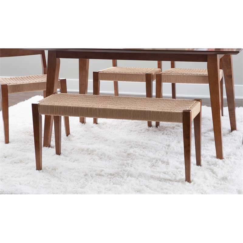 Linon Patty 6 Pce Wood Dining Set 4 Chairs and Bench with Woven Seats in Brown