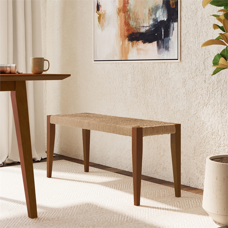 Linon Patty 6 Pce Wood Dining Set 4 Chairs and Bench with Woven Seats in Brown