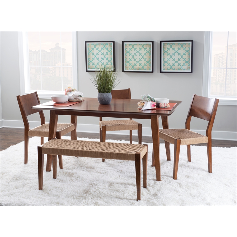 Linon Patty 6 Pce Wood Dining Set 4 Chairs and Bench with Woven Seats in Brown