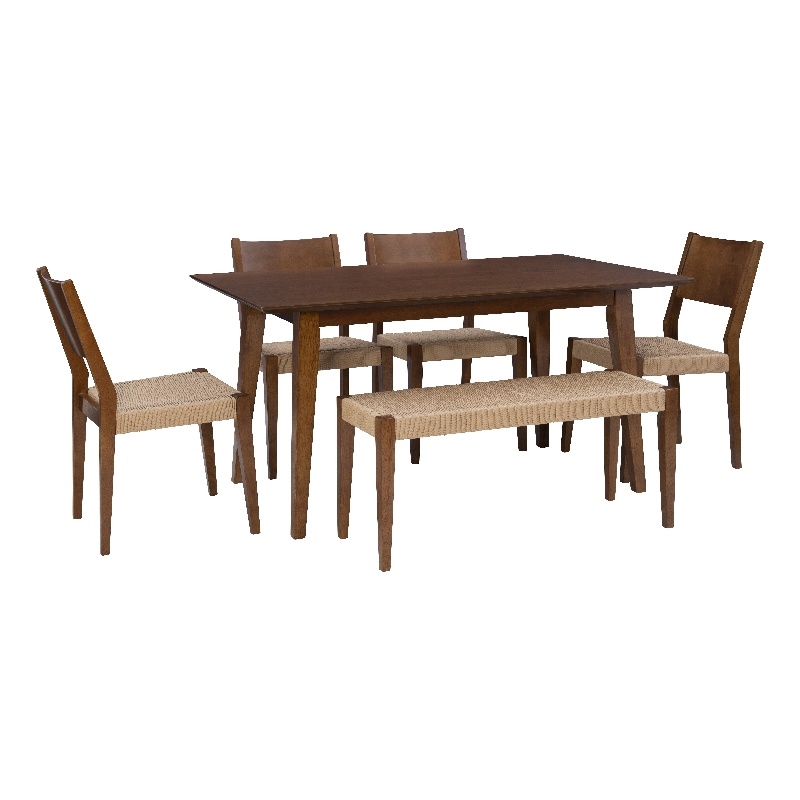 Linon Patty 6 Pce Wood Dining Set 4 Chairs and Bench with Woven Seats in Brown