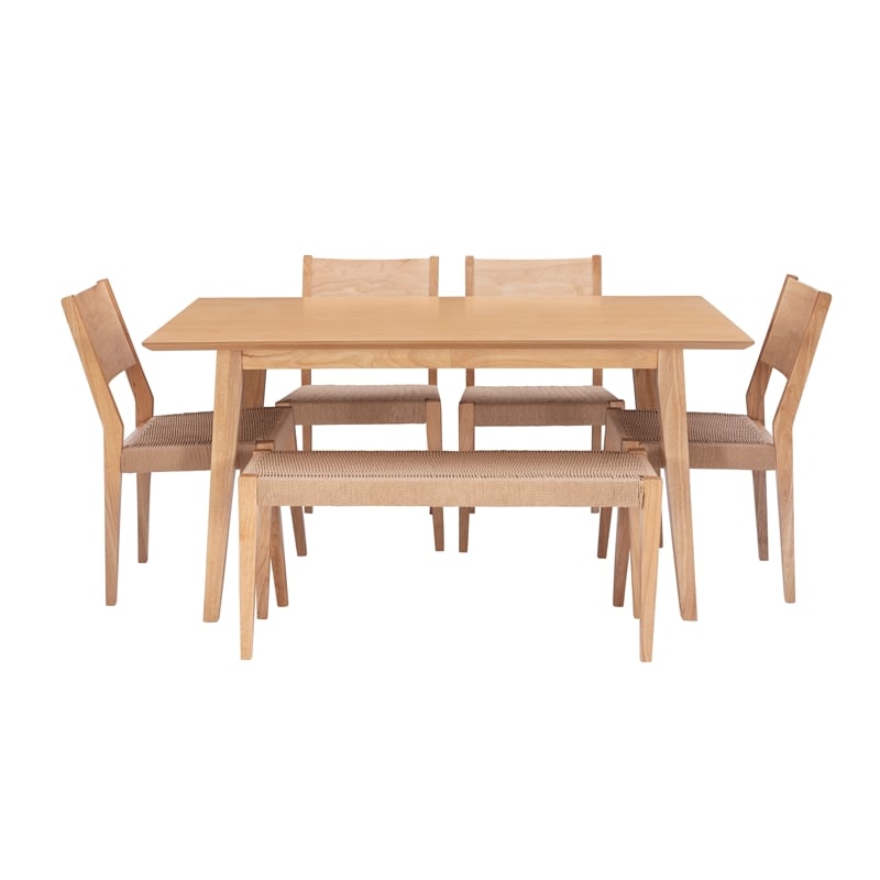 Linon Patty 6 Pce Wood Dining Set 4 Chairs and Bench with Woven Seats in Natural