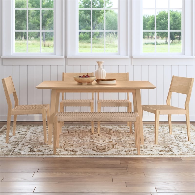 Linon Patty 6 Pce Wood Dining Set 4 Chairs and Bench with Woven Seats in Natural