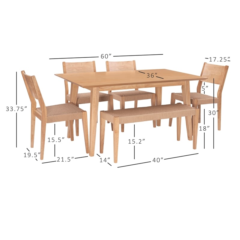 Linon Patty 6 Pce Wood Dining Set 4 Chairs and Bench with Woven Seats in Natural