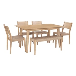 Linon Patty 6 Pce Wood Dining Set 4 Chairs and Bench with Woven Seats in Natural