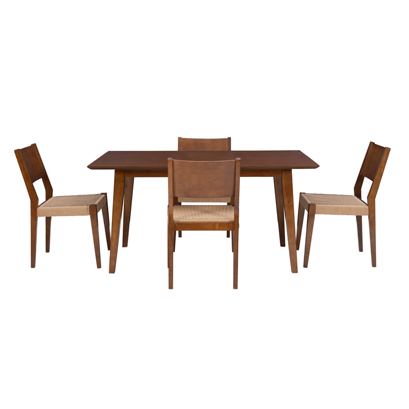 Linon Patty 5 Piece Dining Set with Woven Seats in Warm Brown Stained Rubberwood