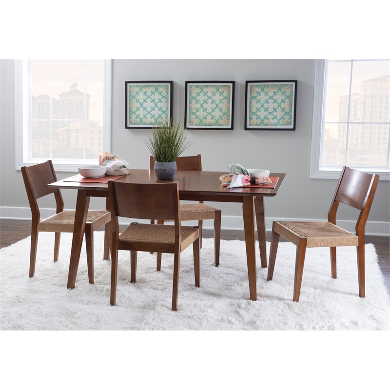 Linon Patty 5 Piece Dining Set with Woven Seats in Warm Brown Stained Rubberwood
