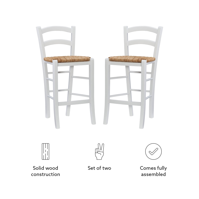 Linon Halton Set of 2 Counter Stools Handwoven Seats in White Beechwood