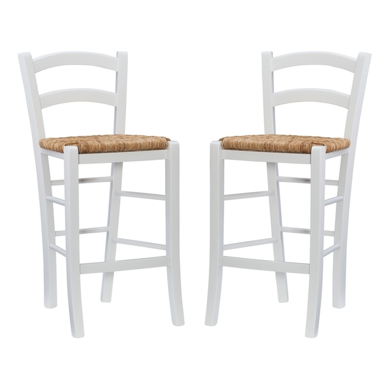 Linon Halton Set of 2 Counter Stools Handwoven Seats in White Beechwood