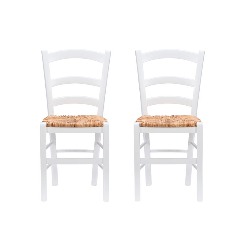 Linon Karsyn Set of Two Wood Side Chairs Ladder Back Rush Seat in White Finish