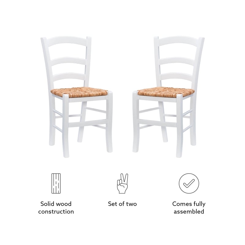 Linon Karsyn Set of Two Wood Side Chairs Ladder Back Rush Seat in White Finish