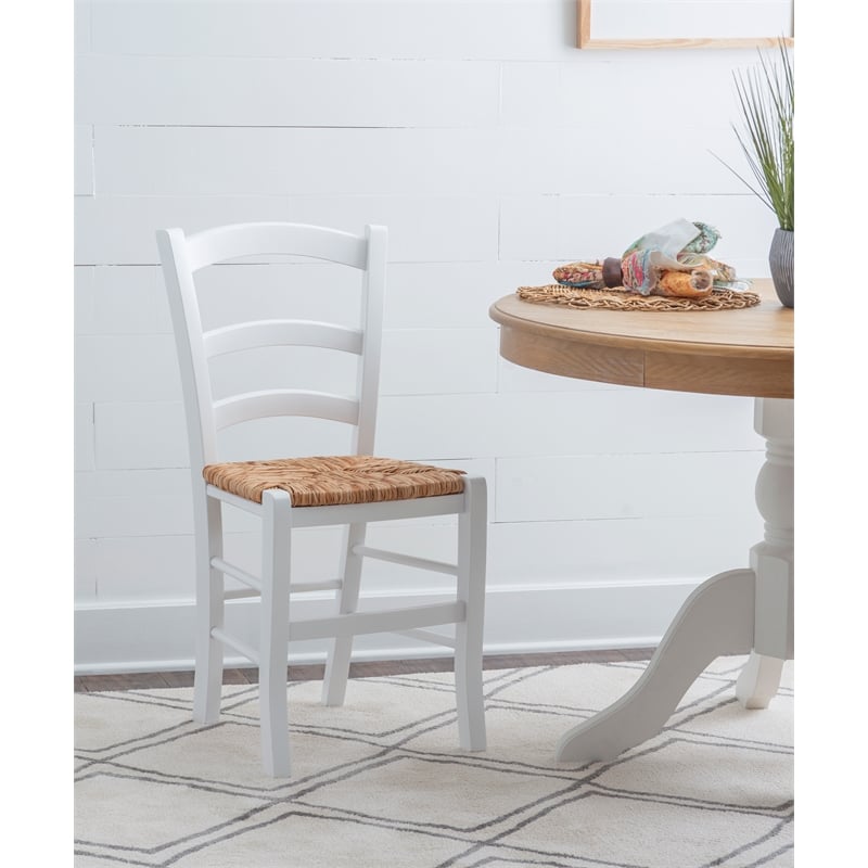 Linon Karsyn Set of Two Wood Side Chairs Ladder Back Rush Seat in White Finish