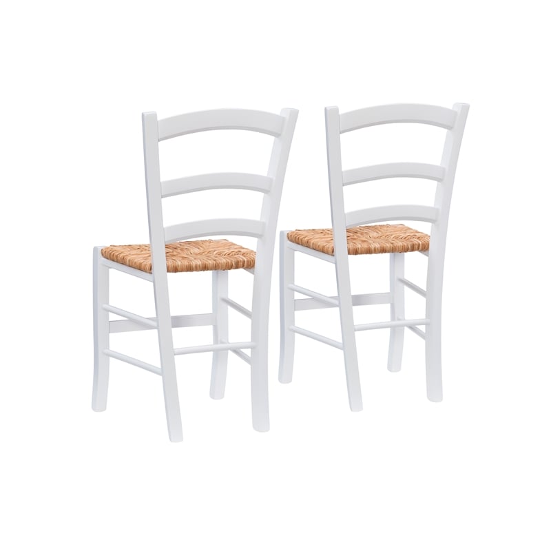 Linon Karsyn Set of Two Wood Side Chairs Ladder Back Rush Seat in White Finish