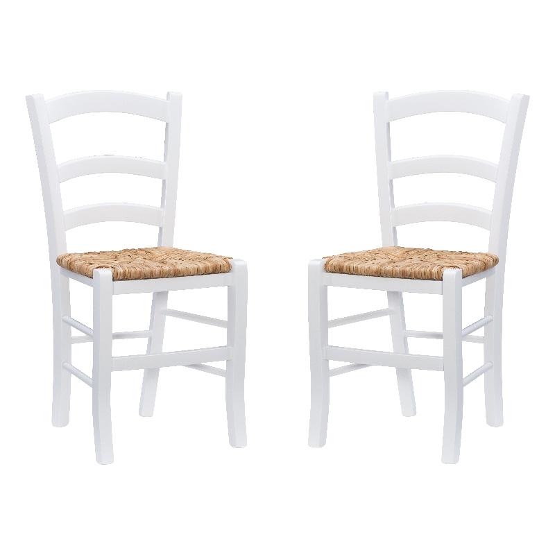 Linon Karsyn Set of Two Wood Side Chairs Ladder Back Rush Seat in White Finish