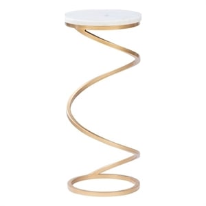 Linon Atlee White Marble 10.5&quot Round Drink Table with Iron Spiral Base in Gold