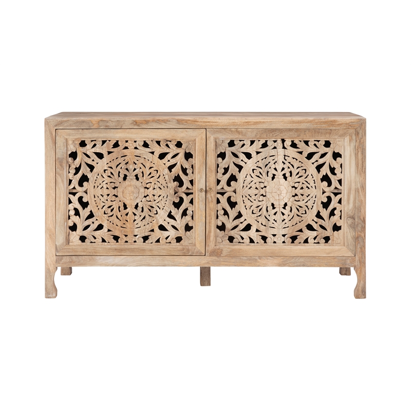 Linon Micah Cabinet Two Carved Doors 2 Shelves in Natural Stained Mango Wood