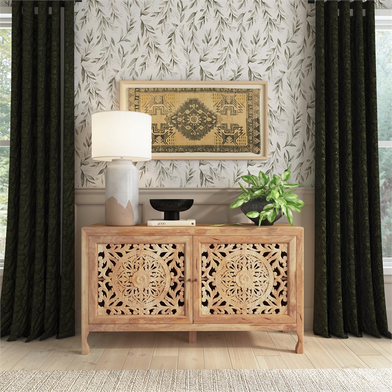 Linon Micah Cabinet Two Carved Doors 2 Shelves in Natural Stained Mango Wood