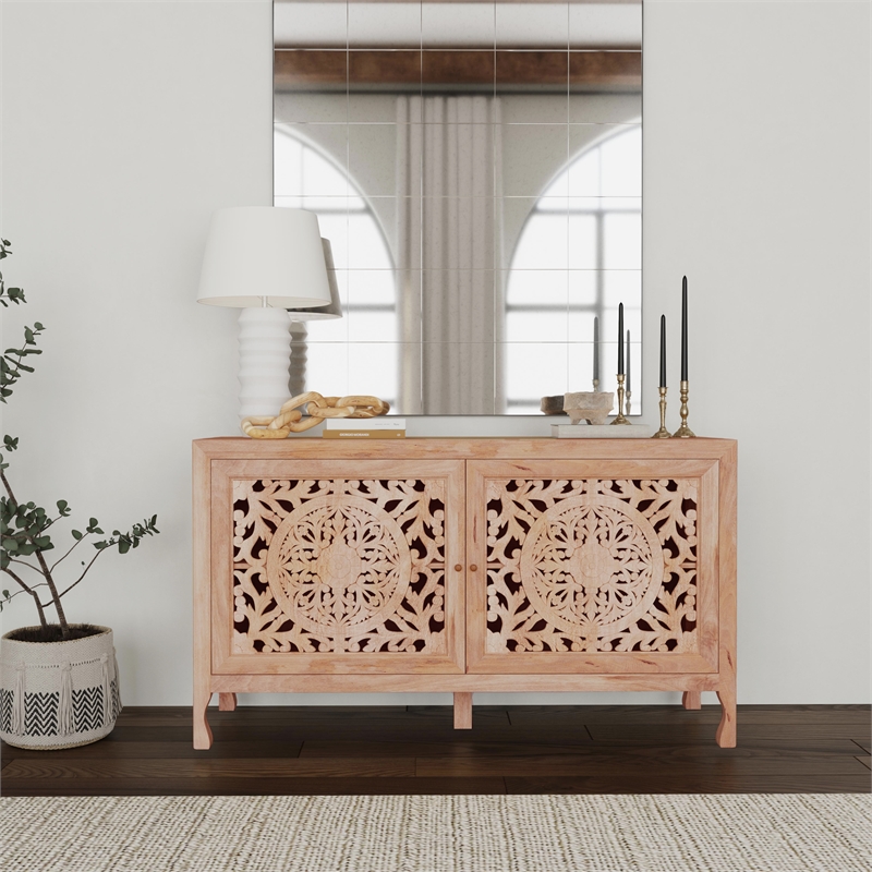 Linon Micah Cabinet Two Carved Doors 2 Shelves in Natural Stained Mango Wood