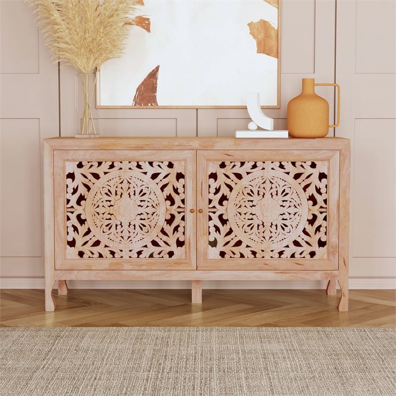 Linon Micah Cabinet Two Carved Doors 2 Shelves in Natural Stained Mango Wood