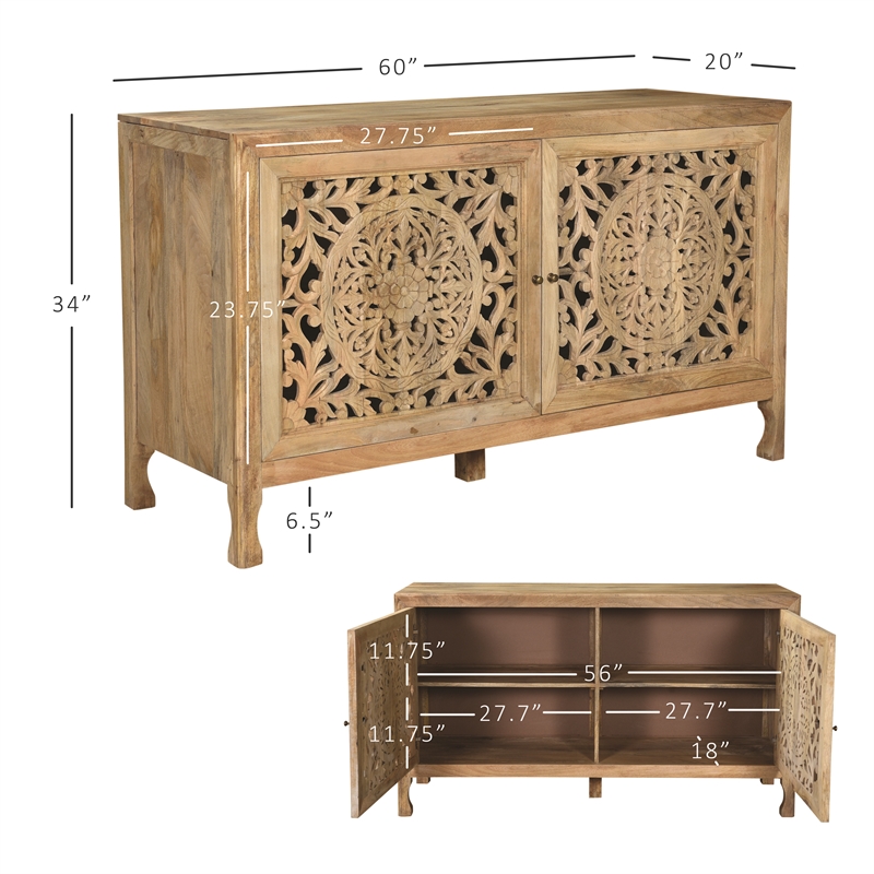 Linon Micah Cabinet Two Carved Doors 2 Shelves in Natural Stained Mango Wood