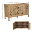 Linon Micah Cabinet Two Carved Doors 2 Shelves in Natural Stained Mango Wood