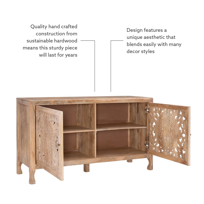 Linon Micah Cabinet Two Carved Doors 2 Shelves in Natural Stained Mango Wood