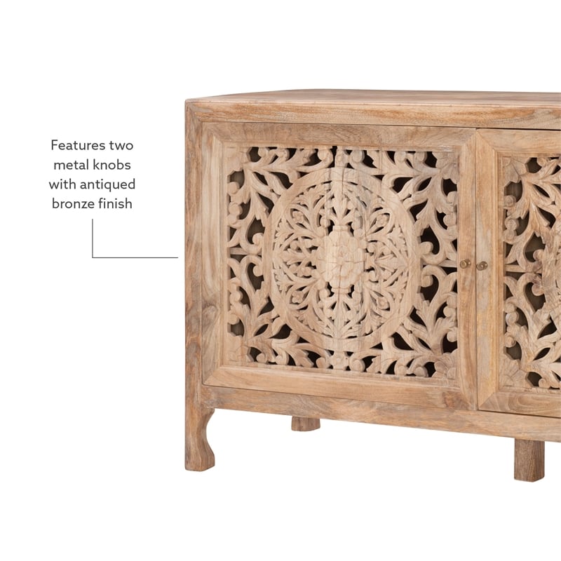 Linon Micah Cabinet Two Carved Doors 2 Shelves in Natural Stained Mango Wood