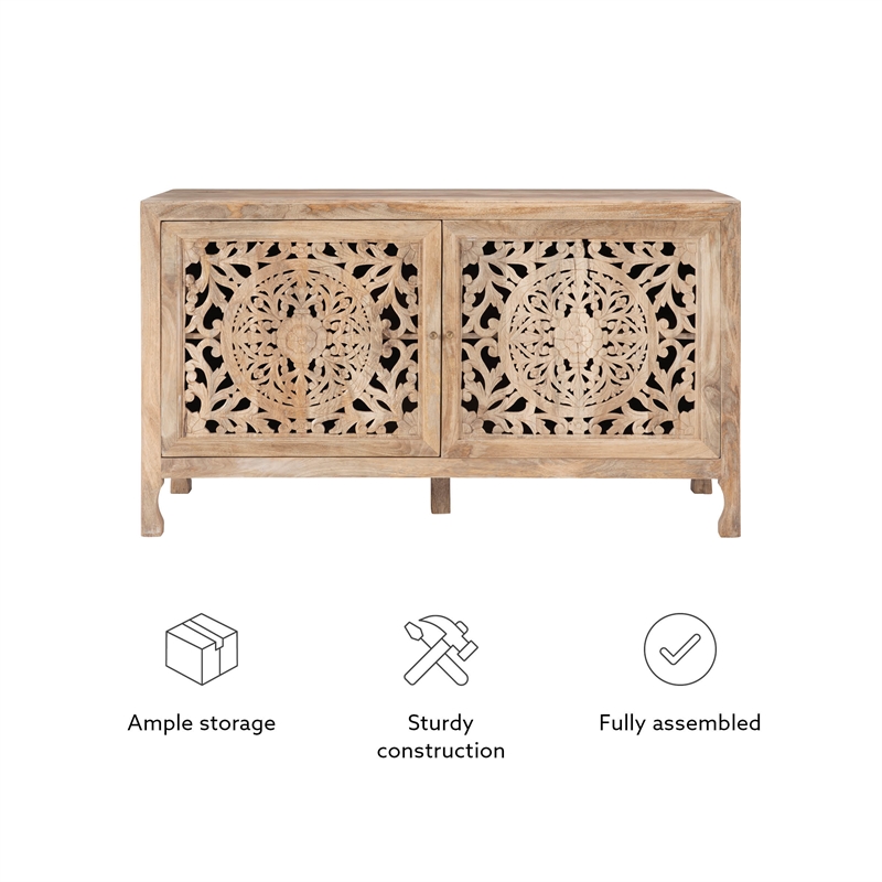 Linon Micah Cabinet Two Carved Doors 2 Shelves in Natural Stained Mango Wood