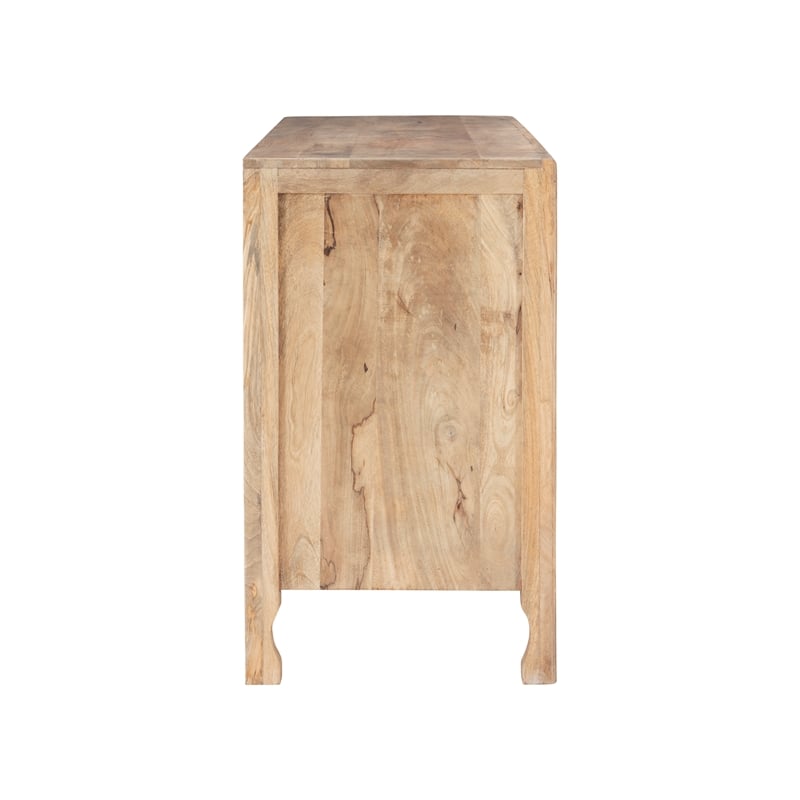 Linon Micah Cabinet Two Carved Doors 2 Shelves in Natural Stained Mango Wood