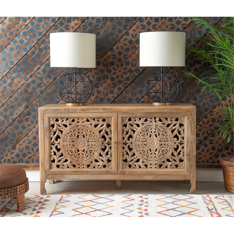 Linon Micah Cabinet Two Carved Doors 2 Shelves in Natural Stained Mango Wood