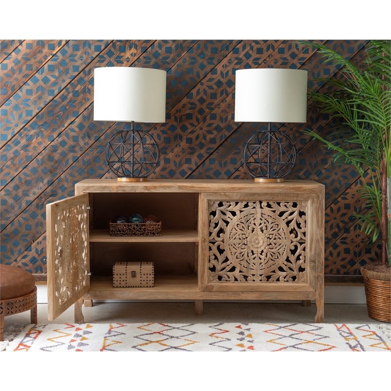 Linon Micah Cabinet Two Carved Doors 2 Shelves in Natural Stained Mango Wood