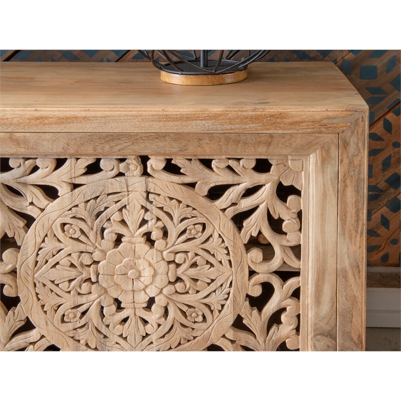 Linon Micah Cabinet Two Carved Doors 2 Shelves in Natural Stained Mango Wood