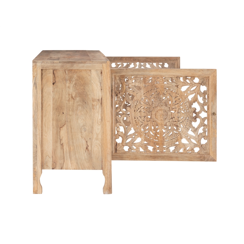 Linon Micah Cabinet Two Carved Doors 2 Shelves in Natural Stained Mango Wood