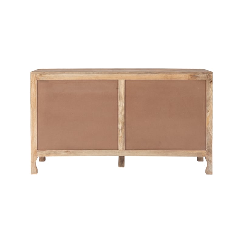 Linon Micah Cabinet Two Carved Doors 2 Shelves in Natural Stained Mango Wood