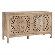Linon Micah Cabinet Two Carved Doors 2 Shelves in Natural Stained Mango Wood