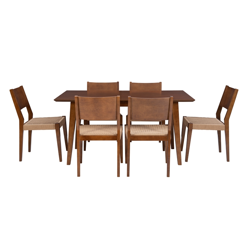 Linon Patty Seven Piece Dining Set with Woven Seats in Rich Brown Stained Wood
