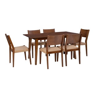 Linon Patty Seven Piece Dining Set with Woven Seats in Rich Brown Stained Wood