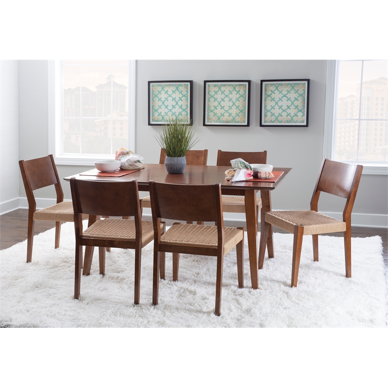 Linon Patty Seven Piece Dining Set with Woven Seats in Rich Brown Stained Wood