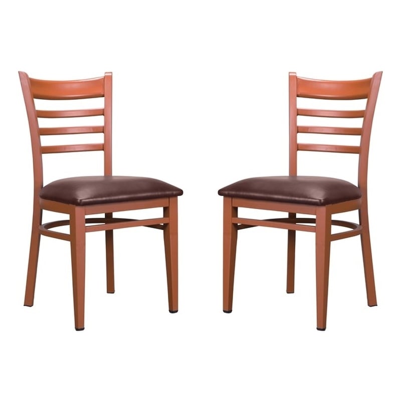 Linon Lassiter Set of 2 Side Chairs Faux Leather Seat Steel Frame in Honey Brown